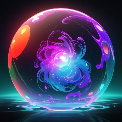 Glowing transparent orb holding swirling neon abstract energy rests on a reflective dark surface