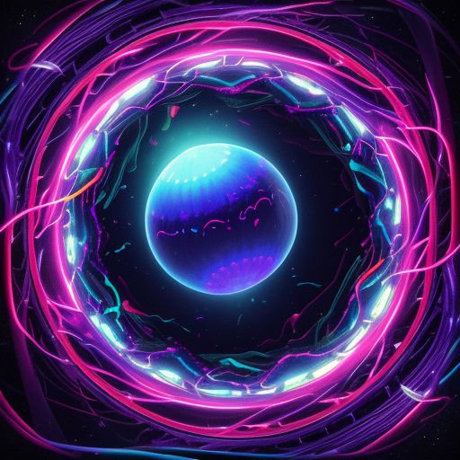 Swirling neon energy portal frames a glowing gradient blue orb set against dark starry outer space