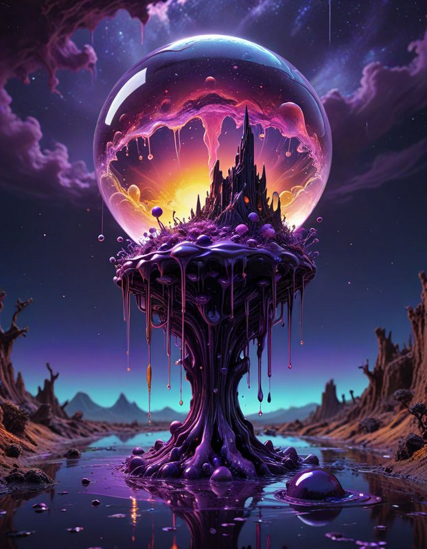 Glowing crystal orb holding a tiny fantasy landscape sits atop a dripping purple alien pedestal under a starry sky