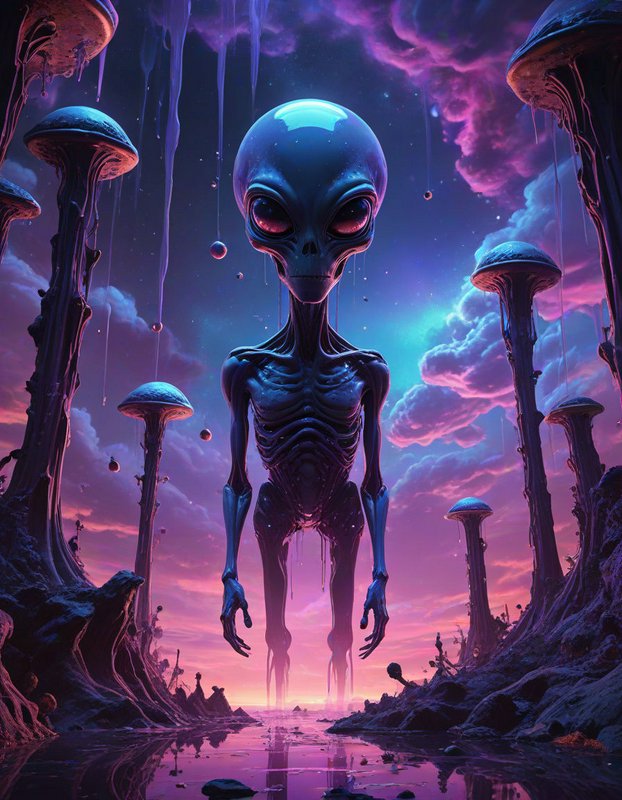 Slender large-eyed grey alien stands in a surreal glowing alien planet landscape