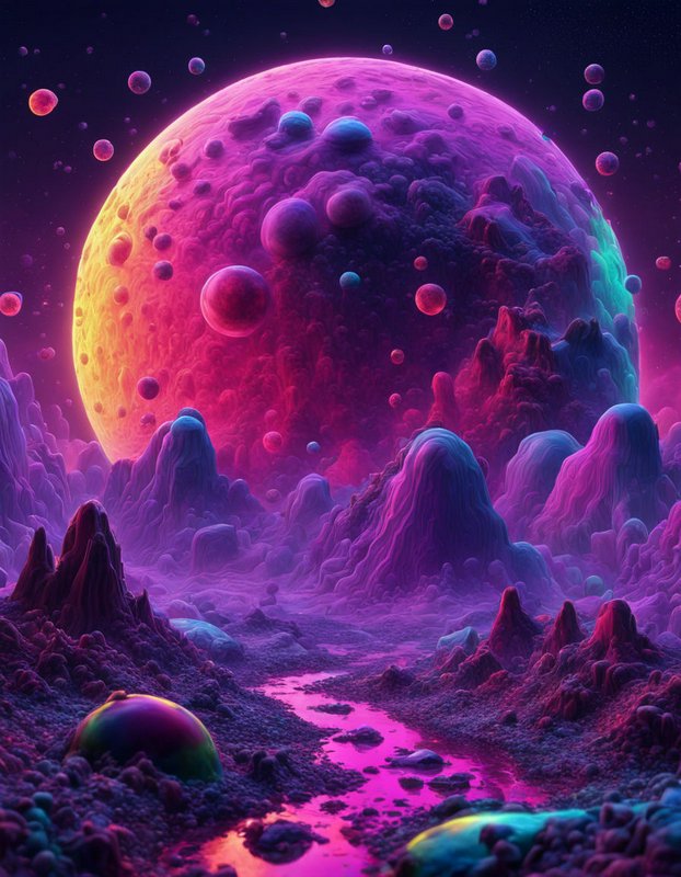 Surreal alien landscape with a giant glowing pink-purple planet and floating celestial orbs above neon terrain
