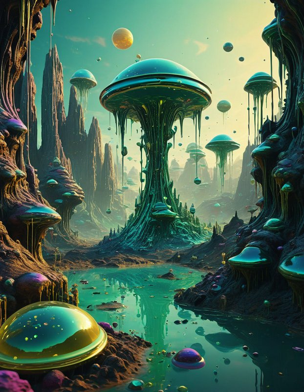 Surreal alien planet landscape with giant teal mushroom towers, floating orbs, and a turquoise lagoon