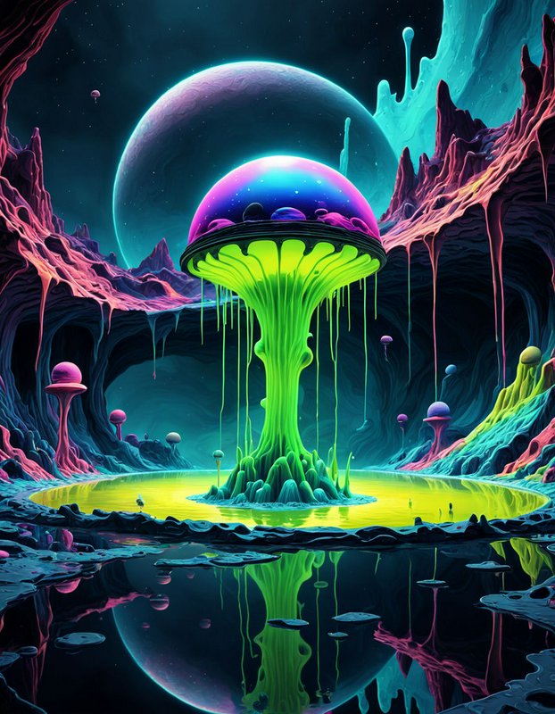 Glowing neon alien mushroom structure sits at the center of a vibrant psychedelic cave landscape under a large distant planet