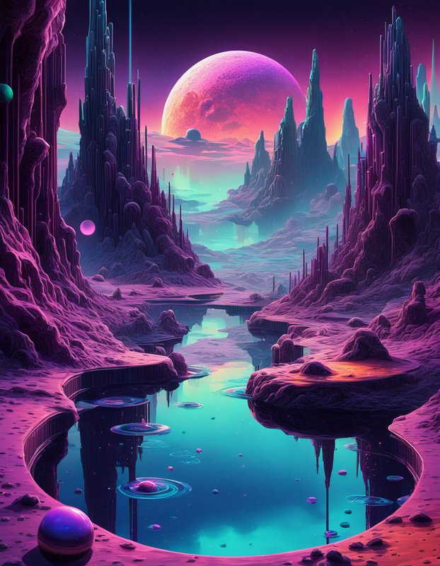 Surreal alien landscape with purple crystal spires, a large pink planet, and calm turquoise reflective water