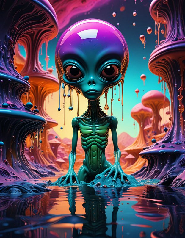 Glossy teal big-eyed alien stands in reflective water on a vibrant surreal alien mushroom planet