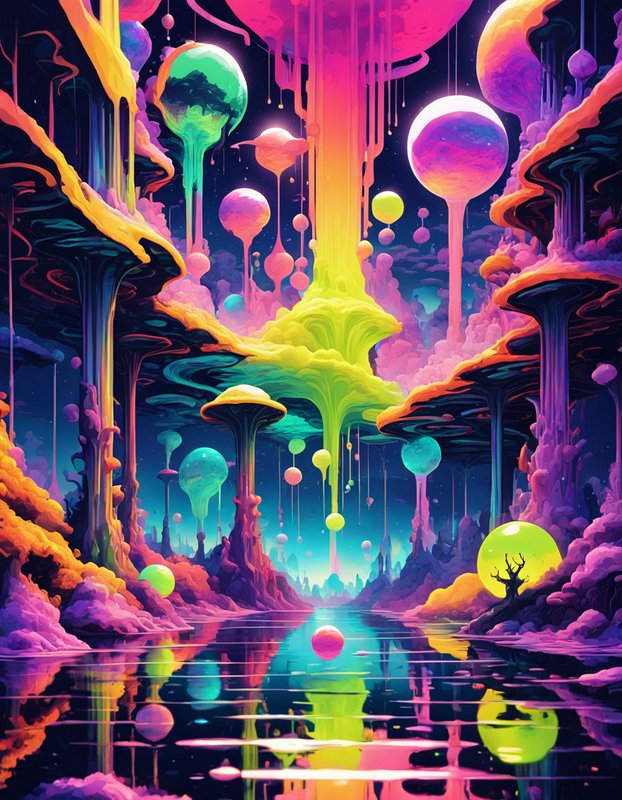 Surreal psychedelic alien landscape with dripping neon mushroom formations, floating glowing orbs, and reflective still water