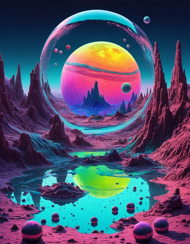 Surreal vaporwave alien landscape with a ringed gradient gas giant reflected in a glowing neon lake