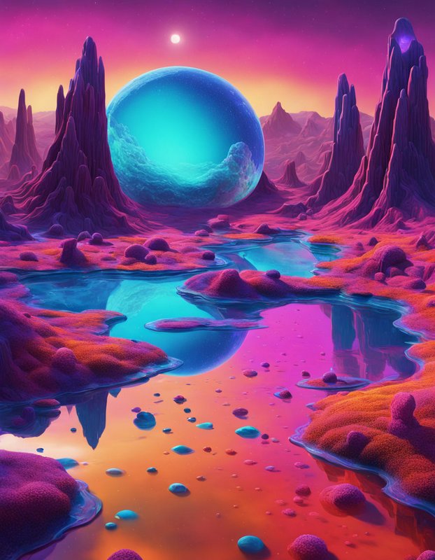 Surreal alien landscape with giant glowing blue orb reflecting in colorful neon marsh waters under a purple twilight sky