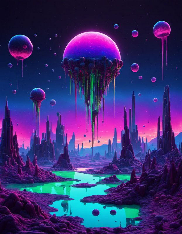 Surreal vaporwave alien landscape with dripping glowing floating planets above jagged spires and neon water