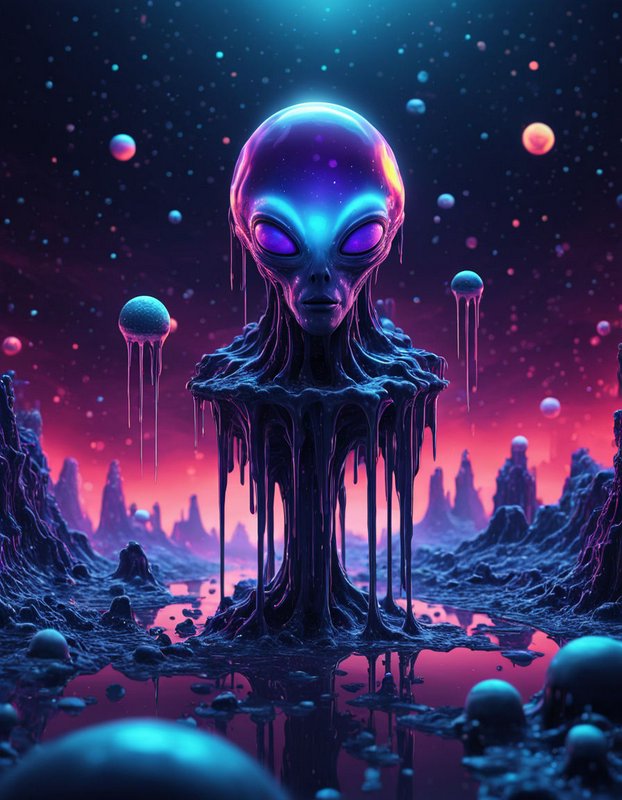 Dripping glowing grey alien stands above reflective pools on a surreal neon alien world under a starry sky