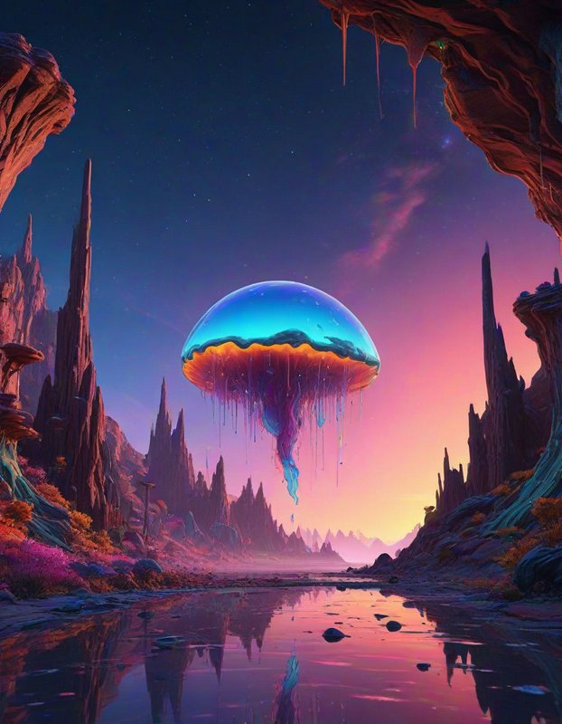 Giant glowing floating jellyfish hovers above a reflective alien valley at pastel twilight sunset