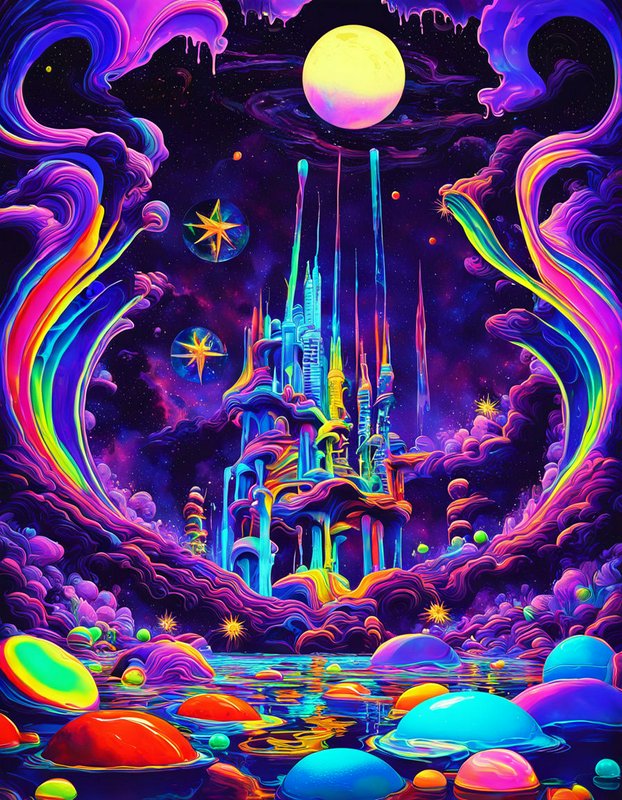 Surreal neon psychedelic fantasy castle sits above reflective alien water under a glowing full moon