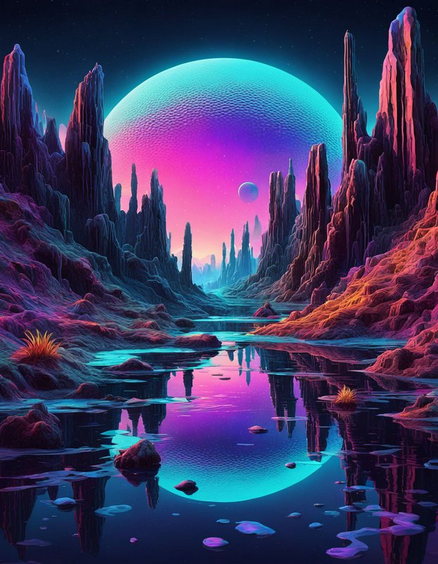 Surreal alien canyon landscape with reflective neon river and large glowing gradient planet in a starry sky