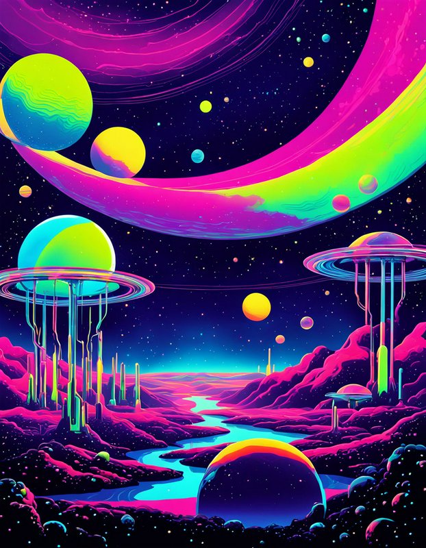 Vibrant neon alien landscape with futuristic floating cities and colorful ringed planets in a starry cosmic sky
