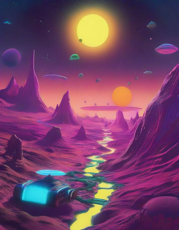 Surreal alien planet landscape with twin suns, flying saucers, glowing river and retro sci-fi rover
