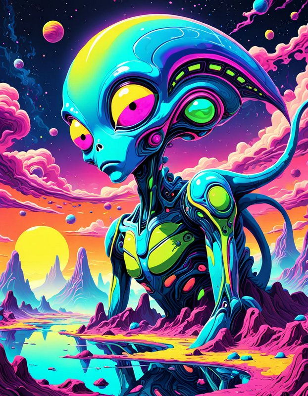 Neon stylized big-eyed alien standing on a vibrant surreal alien planet landscape under a starry sky