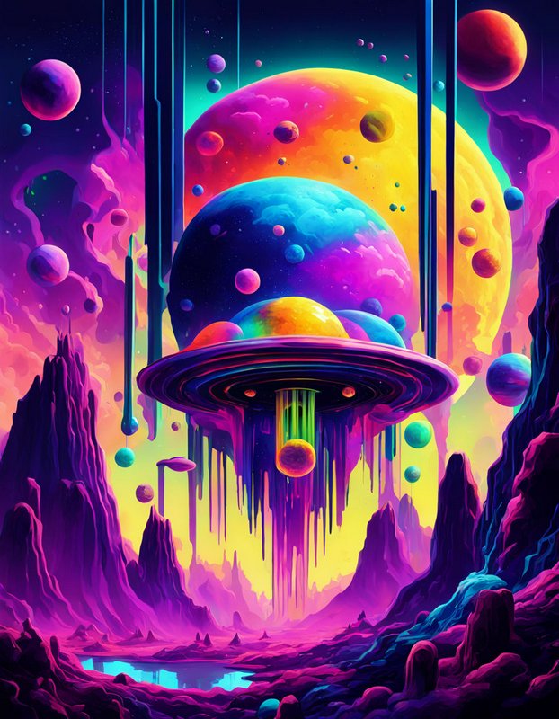 Psychedelic surreal alien landscape with a melting ringed planet and floating colorful celestial orbs