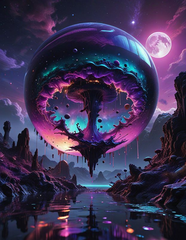 Giant glowing orb holding an alien mushroom floats above a reflective alien landscape under a moonlit cosmic sky