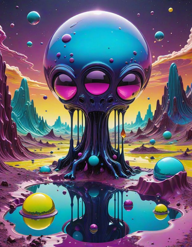 Surreal glossy alien creature with oversized pink eyes stands beside a reflective pool in a vibrant alien planetary landscape
