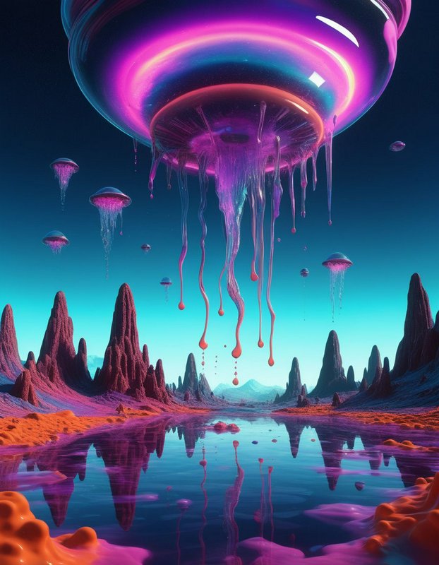 Giant glowing neon jellyfish float above a reflective alien valley of jagged rocky spires