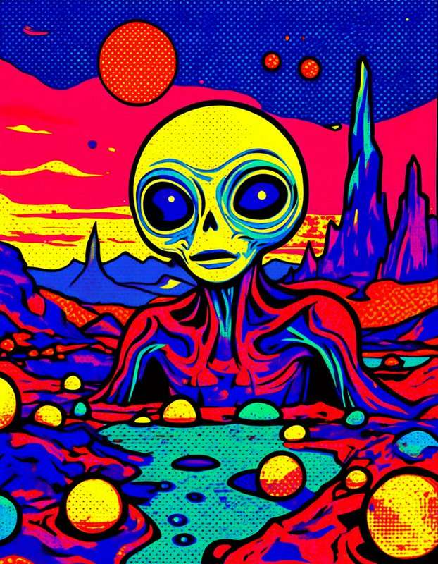 Bright psychedelic pop art illustration of a big-eyed alien on a surreal colorful alien planet landscape