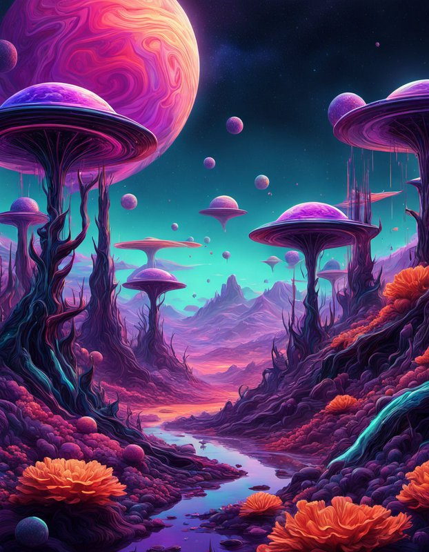 Surreal alien landscape with giant mushroom flora and a swirling purple gas giant hanging in a starry sky