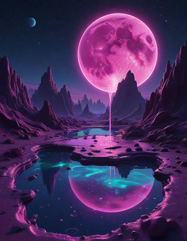 Surreal alien landscape with glowing pink moon casting a light beam into reflective pools between...