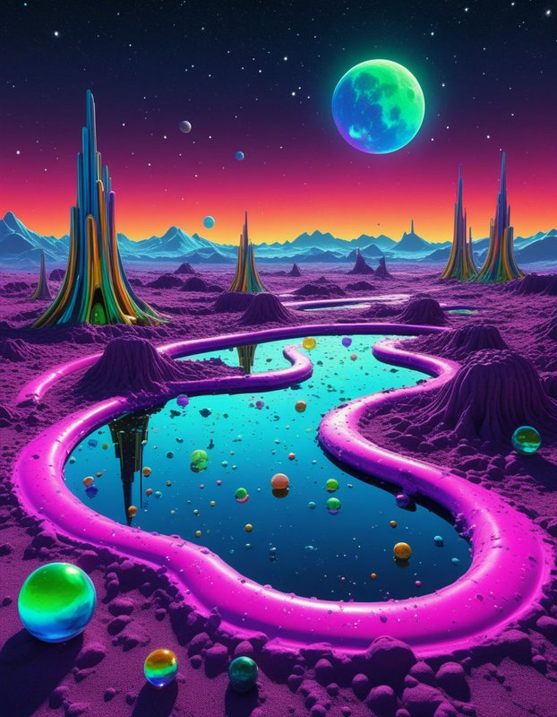 Surreal alien planet landscape with glowing winding river, crystal spires, and colorful moon in a starry gradient sky