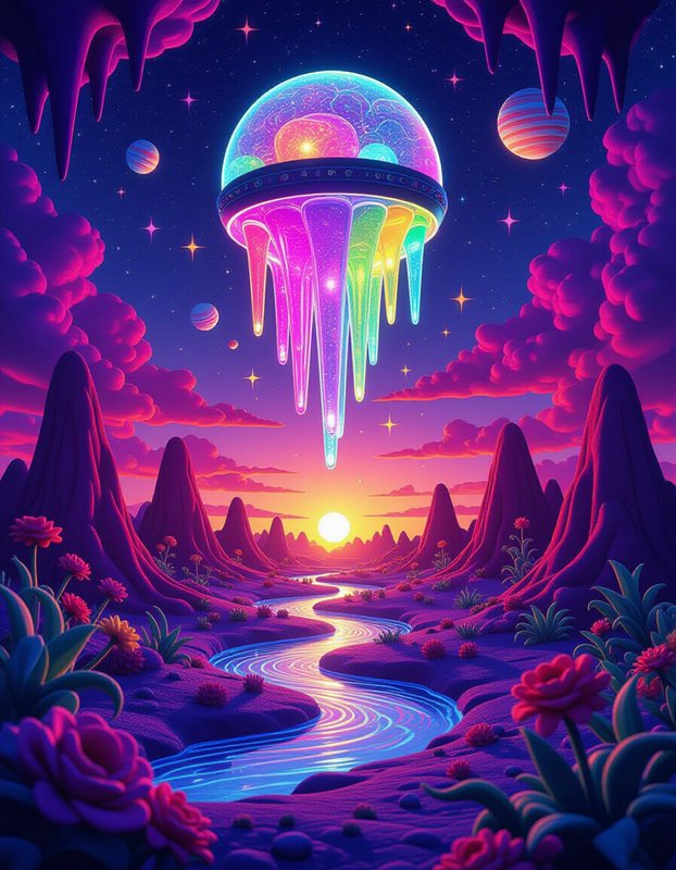Glowing rainbow jellyfish UFO hovers over a surreal alien landscape at sunset