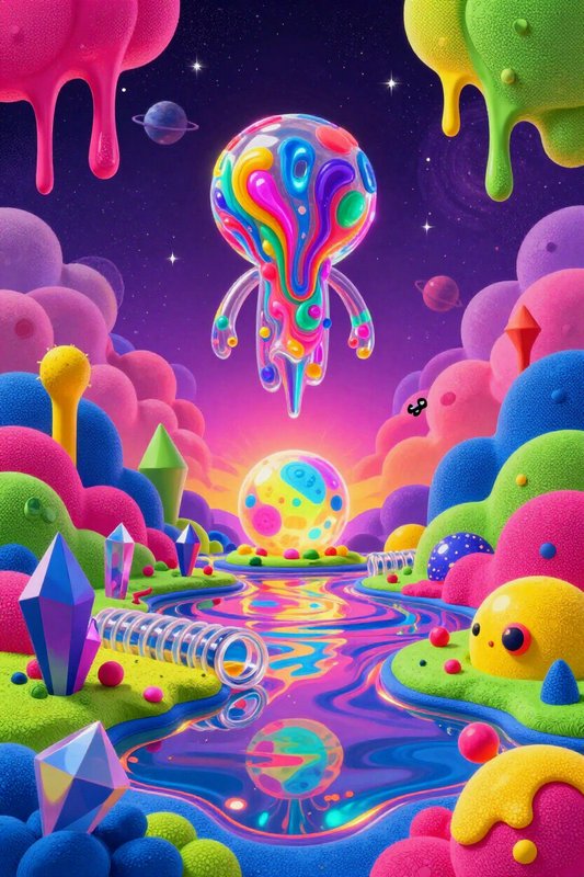 Translucent rainbow jelly alien floats above a vibrant surreal candy landscape under a starry purple sky