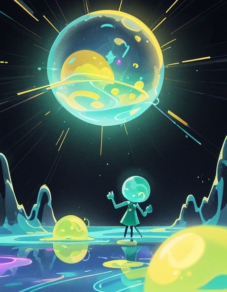 Translucent slime character stands on a reflective alien landscape beneath a giant glowing orb pl...