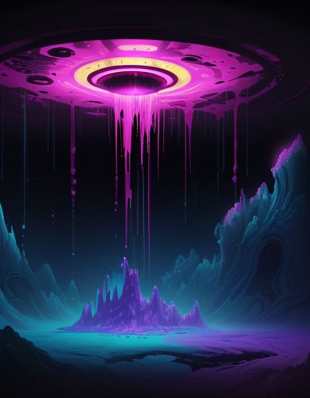Glowing neon pink alien flying saucer drips luminous streams over a jagged purple alien mountain landscape