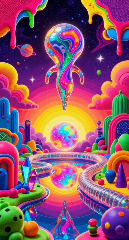 Surreal psychedelic 3D alien landscape with floating iridescent creature and neon cosmic sky