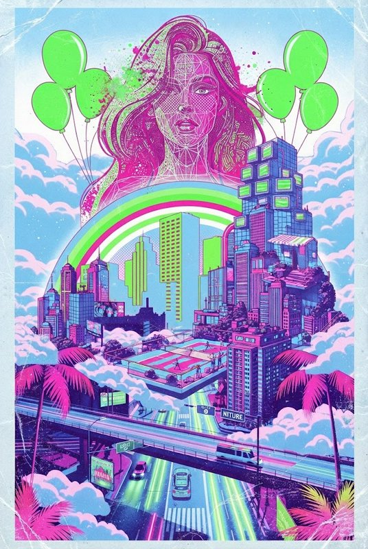 Surreal vaporwave cityscape with a geometric pink feminine figure floating above a neon skyline and rainbow