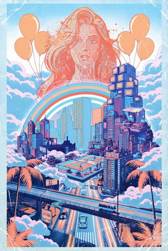 Surreal retro-futuristic cloud-top cityscape with a floating geometric woman portrait, rainbow, and peach balloons