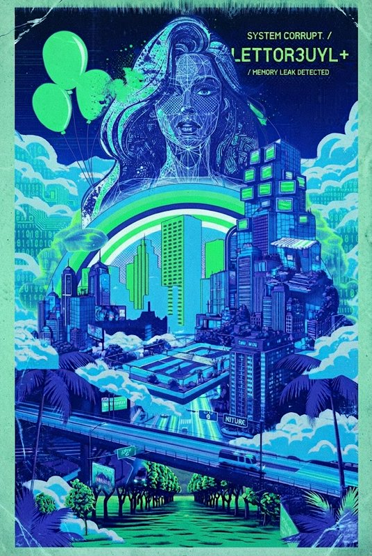 Surreal cyberpunk cityscape with wireframe AI entity hovering above a glowing neon metropolis