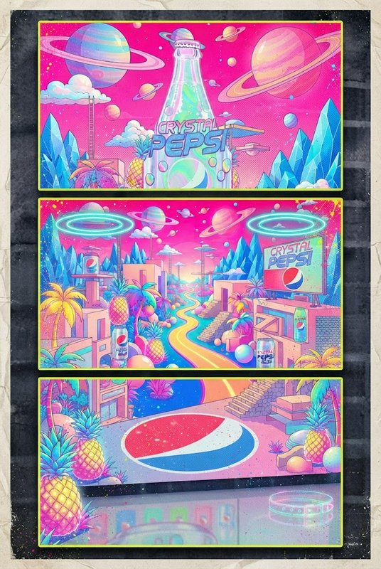 Three panel vaporwave triptych of a surreal Crystal Pepsi retro-futuristic space landscape