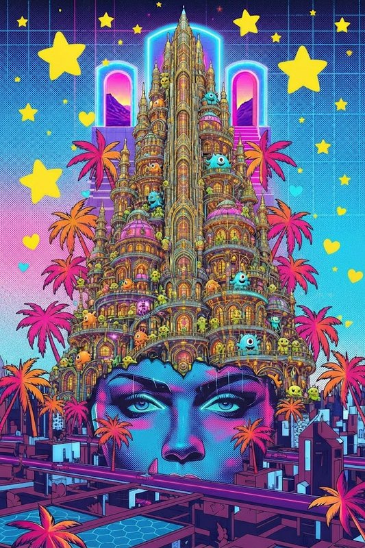 Surreal vaporwave fantasy palace built atop a giant stylized feminine face, surrounded by neon palms and floating stars