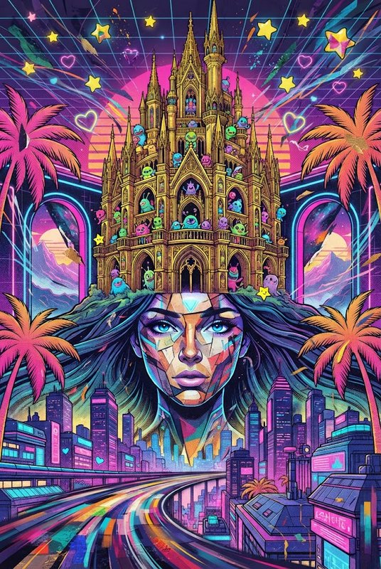 Surreal vaporwave illustration of a geometric feminine figure supporting an alien-topped gothic castle above a neon city