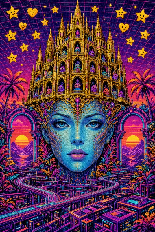 Surreal blue feminine figure topped with an ornate golden castle crown in a vibrant retro-futuristic fantasy world