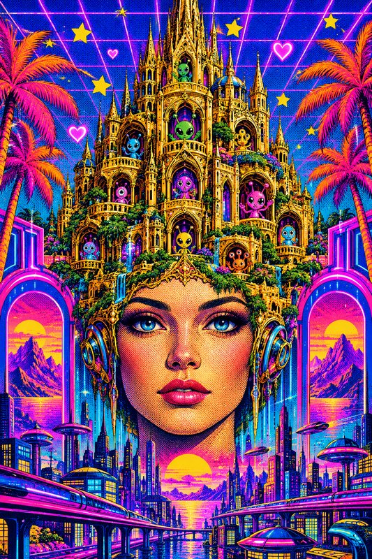 Surreal psychedelic illustration of a woman with an alien-populated fantasy castle growing from her head above a neon