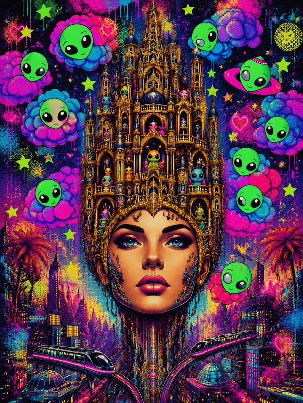 Surreal portrait of a woman with a gilded cathedral crown, floating green aliens above a neon cyberpunk city