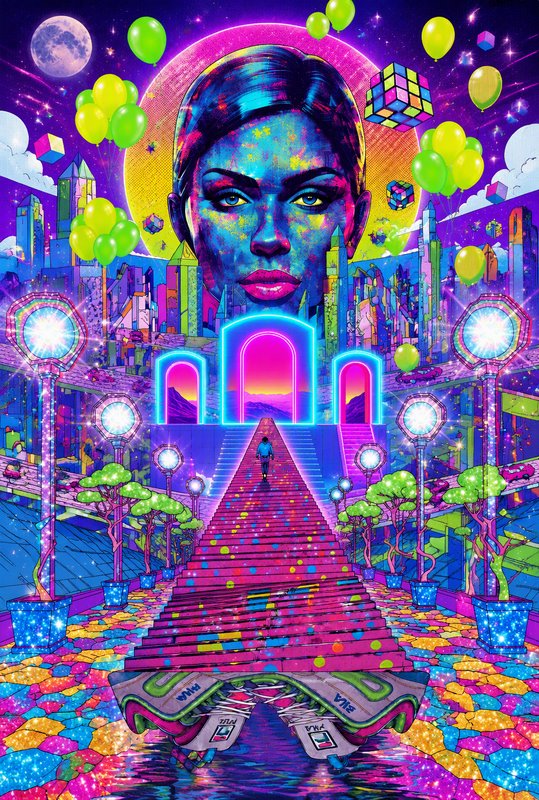 Surreal neon pop art of a giant stylized woman face overlooking a psychedelic futuristic city staircase scene
