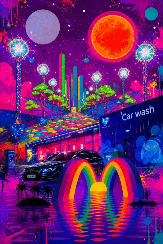 Surreal neon psychedelic car wash scene with rainbows, glowing lamps, and cosmic alien sky