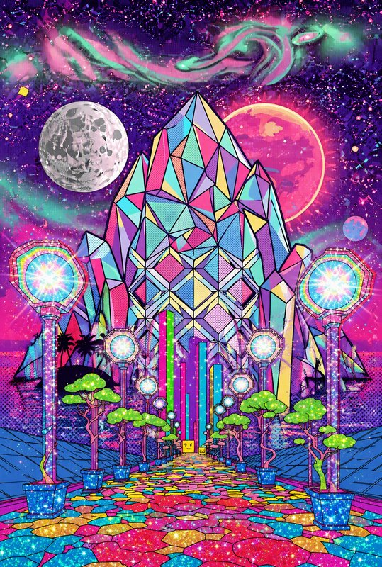 Vibrant psychedelic crystal palace sits at the end of a glittering walkway beneath a starry multi-moon cosmic sky