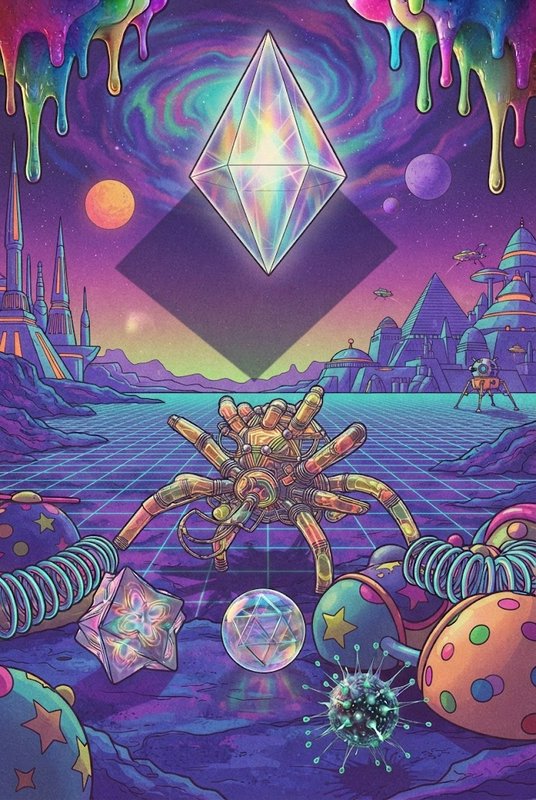 Glowing iridescent crystal pyramid hovers over a mechanical spider in a surreal psychedelic alien landscape