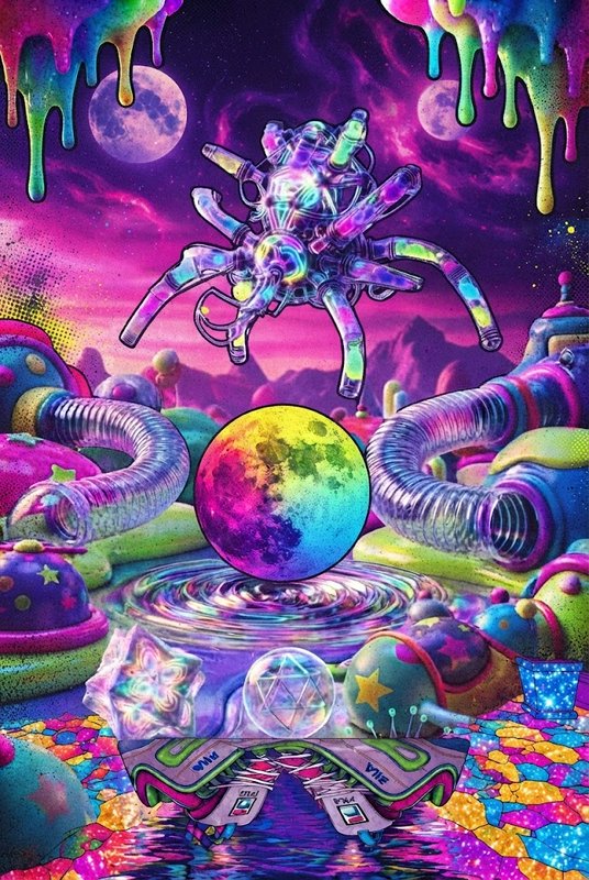 Psychedelic surreal alien landscape with glowing iridescent robot spider and rainbow floating moon