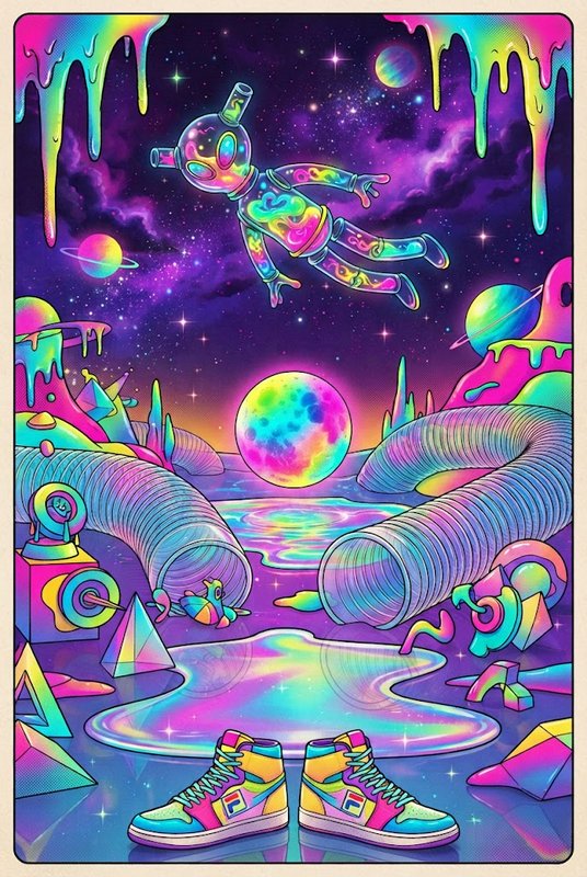 Transparent psychedelic astronaut floats above a rainbow alien landscape under a starry cosmic sky