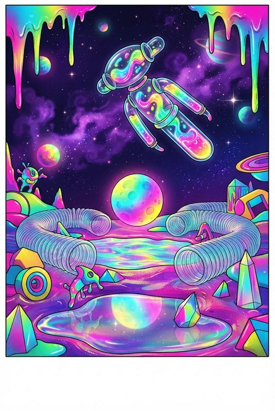 Transparent neon slime astronaut floats above a surreal rainbow alien landscape in deep space