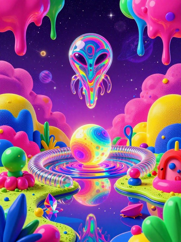Glossy iridescent alien hovering over a bubbly neon alien world under a starry cosmic sky